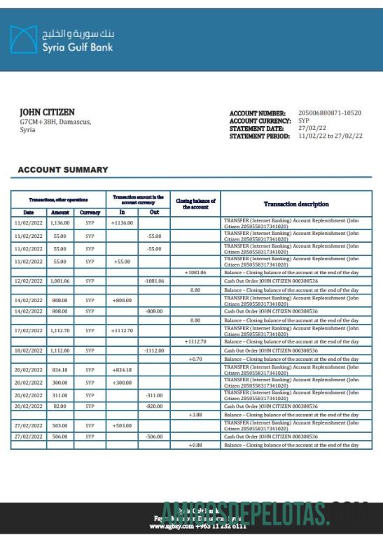 Modelo de comprovante de endereço do Banco do Golfo da Síria em branco em formato Word e PDF, formato .doc e .pdf